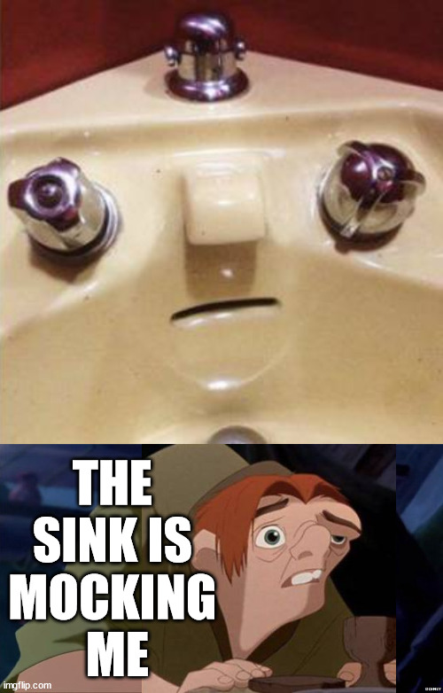 THE 
SINK IS 
MOCKING 
ME | image tagged in hunchback of notre dame | made w/ Imgflip meme maker