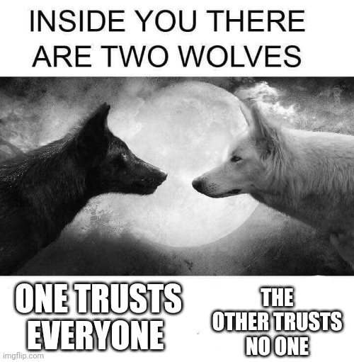 Dude this is possibly the deepest meme I've ever made | THE OTHER TRUSTS NO ONE; ONE TRUSTS EVERYONE | image tagged in inside you there are two wolves | made w/ Imgflip meme maker