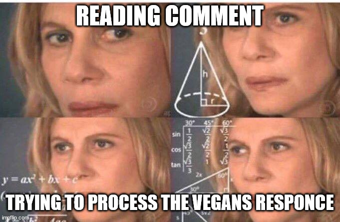 READING COMMENT TRYING TO PROCESS THE VEGANS RESPONCE | image tagged in math lady/confused lady | made w/ Imgflip meme maker