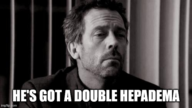 Doctor House | HE'S GOT A DOUBLE HEPADEMA | image tagged in doctor house | made w/ Imgflip meme maker