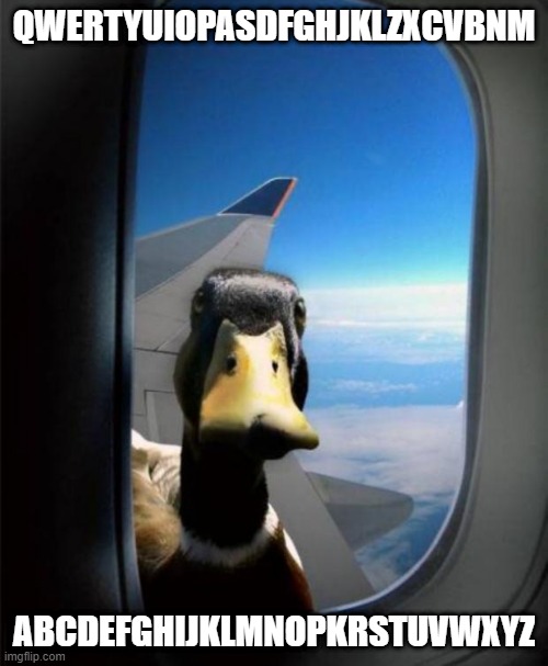 qwertyuiopasdfghjklzxcvbnm | QWERTYUIOPASDFGHJKLZXCVBNM; ABCDEFGHIJKLMNOPKRSTUVWXYZ | image tagged in duck on plane wing | made w/ Imgflip meme maker