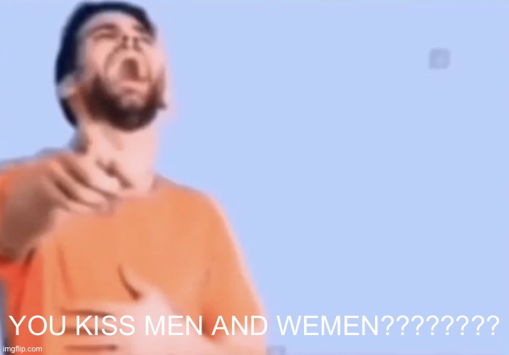 Pointing and laughing | YOU KISS MEN AND WEMEN???????? | image tagged in pointing and laughing | made w/ Imgflip meme maker