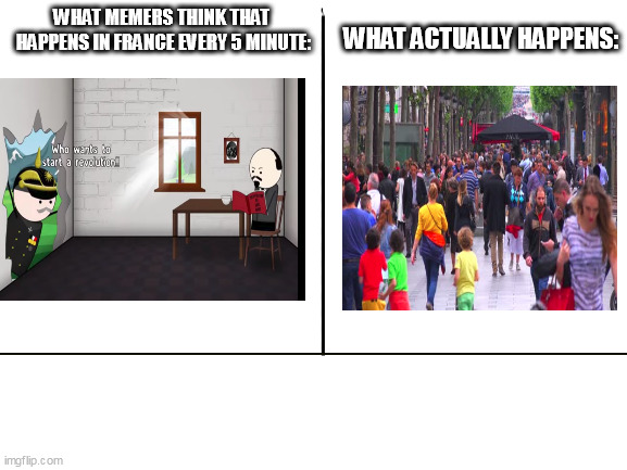 who wants to start a revolution | WHAT MEMERS THINK THAT 
HAPPENS IN FRANCE EVERY 5 MINUTE:; WHAT ACTUALLY HAPPENS: | image tagged in blank white template,oversimplified,french revolution | made w/ Imgflip meme maker