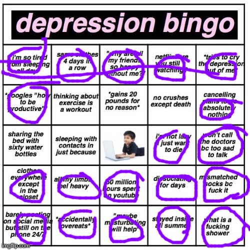 Don’t judge me- please- then again you probably will, I can’t decide what your opinion is- | image tagged in depression bingo,depression | made w/ Imgflip meme maker