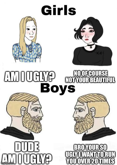 Girls vs Boys | AM I UGLY? NO OF COURSE NOT YOUR BEAUTIFUL; BRO YOUR SO UGLY I WANT TO RUN YOU OVER 20 TIMES; DUDE AM I UGLY? | image tagged in girls vs boys | made w/ Imgflip meme maker