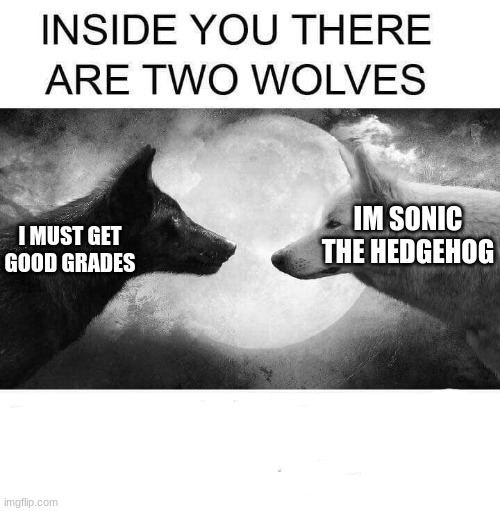 2 wolves | IM SONIC THE HEDGEHOG; I MUST GET GOOD GRADES | image tagged in inside you there are two wolves | made w/ Imgflip meme maker