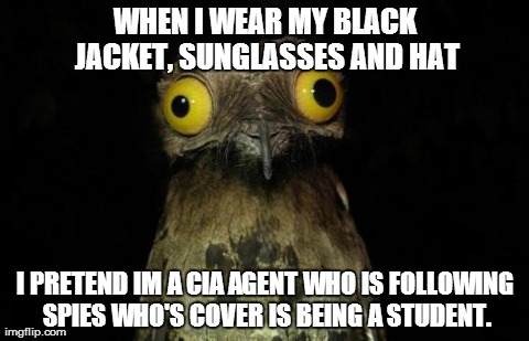 WHEN I WEAR MY BLACK JACKET, SUNGLASSES AND HAT I PRETEND IM A CIA AGENT WHO IS FOLLOWING SPIES WHO'S COVER IS BEING A STUDENT. | image tagged in AdviceAnimals | made w/ Imgflip meme maker