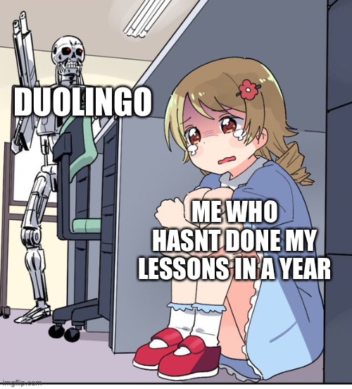 Help | DUOLINGO; ME WHO HASNT DONE MY LESSONS IN A YEAR | image tagged in anime terminator | made w/ Imgflip meme maker