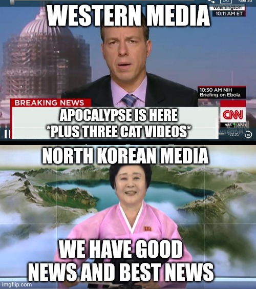 WESTERN MEDIA; APOCALYPSE IS HERE
*PLUS THREE CAT VIDEOS*; NORTH KOREAN MEDIA; WE HAVE GOOD NEWS AND BEST NEWS | image tagged in cnn breaking news template | made w/ Imgflip meme maker