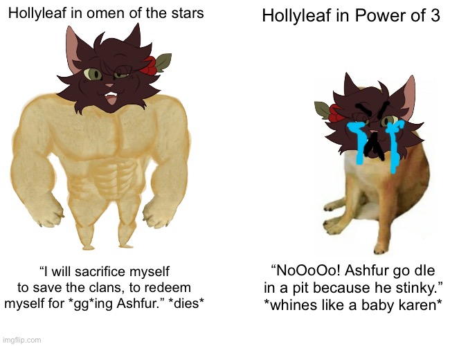 My girl | Hollyleaf in omen of the stars; Hollyleaf in Power of 3; “I will sacrifice myself to save the clans, to redeem myself for *gg*ing Ashfur.” *dies*; “NoOoOo! Ashfur go dIe in a pit because he stinky.” *whines like a baby karen* | image tagged in memes,buff doge vs cheems,holly | made w/ Imgflip meme maker