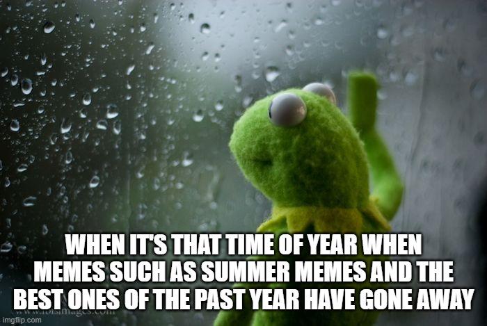 When it's that time of year when some memes have gone away |  WHEN IT'S THAT TIME OF YEAR WHEN MEMES SUCH AS SUMMER MEMES AND THE BEST ONES OF THE PAST YEAR HAVE GONE AWAY | image tagged in kermit window | made w/ Imgflip meme maker