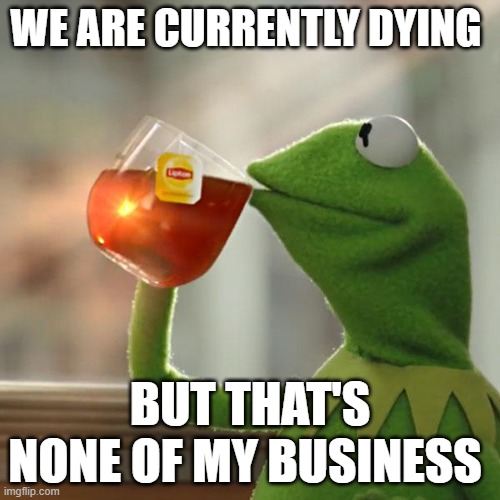 Hmmmmm yes title hmmm yes | WE ARE CURRENTLY DYING; BUT THAT'S NONE OF MY BUSINESS | image tagged in memes,but that's none of my business,kermit the frog | made w/ Imgflip meme maker