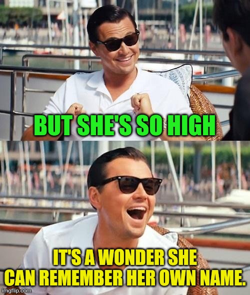 Leonardo Dicaprio Wolf Of Wall Street Meme | BUT SHE'S SO HIGH IT'S A WONDER SHE CAN REMEMBER HER OWN NAME. | image tagged in memes,leonardo dicaprio wolf of wall street | made w/ Imgflip meme maker
