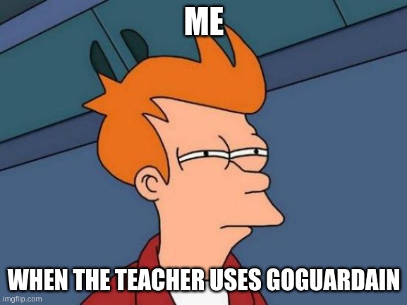 goguardain suks | ME; WHEN THE TEACHER USES GOGUARDAIN | image tagged in memes,futurama fry | made w/ Imgflip meme maker