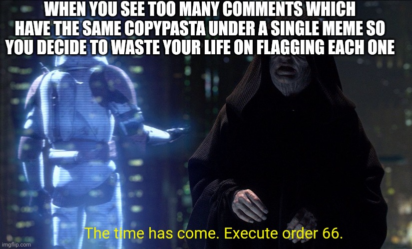 Dumb Meme #57 | WHEN YOU SEE TOO MANY COMMENTS WHICH HAVE THE SAME COPYPASTA UNDER A SINGLE MEME SO YOU DECIDE TO WASTE YOUR LIFE ON FLAGGING EACH ONE; The time has come. Execute order 66. | image tagged in execute order 66 | made w/ Imgflip meme maker