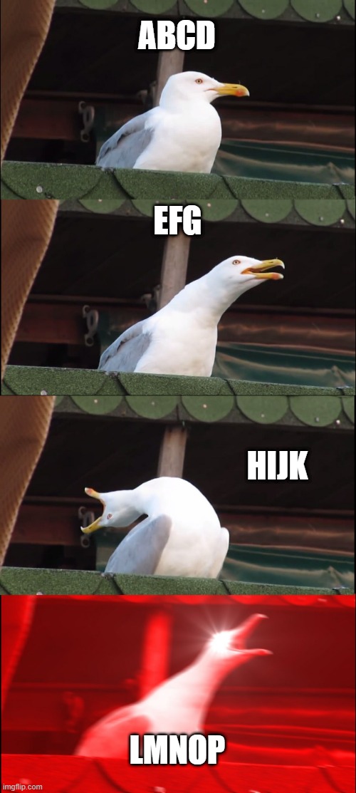 Inhaling Seagull Meme | ABCD; EFG; HIJK; LMNOP | image tagged in memes,inhaling seagull,alphabet | made w/ Imgflip meme maker