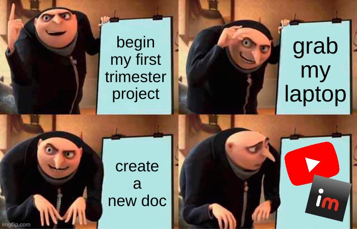 literally me | begin my first trimester project; grab my laptop; create a new doc | image tagged in memes,gru's plan,school | made w/ Imgflip meme maker