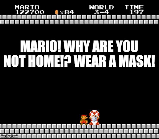 First meme! | MARIO! WHY ARE YOU NOT HOME!? WEAR A MASK! | image tagged in thank you mario,face mask | made w/ Imgflip meme maker
