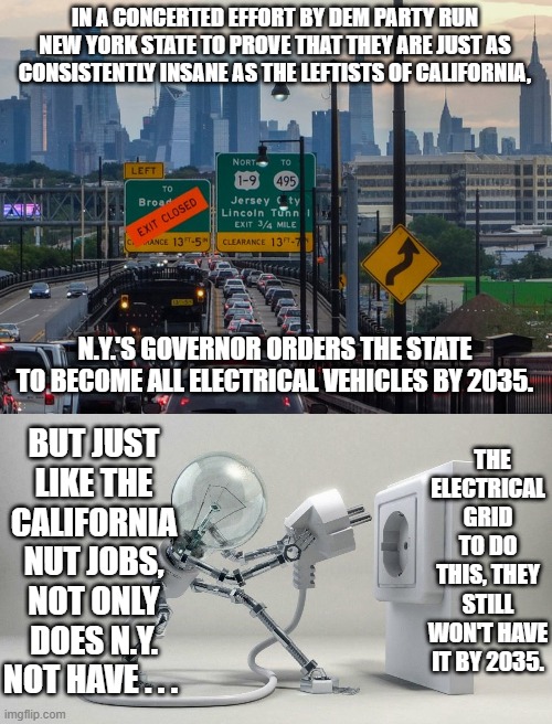 Leftists nutjobs NEVER let reality, common sense, or actual FACTS get in the way of their ideological fanaticism. | IN A CONCERTED EFFORT BY DEM PARTY RUN NEW YORK STATE TO PROVE THAT THEY ARE JUST AS CONSISTENTLY INSANE AS THE LEFTISTS OF CALIFORNIA, N.Y.'S GOVERNOR ORDERS THE STATE TO BECOME ALL ELECTRICAL VEHICLES BY 2035. THE ELECTRICAL GRID TO DO THIS, THEY STILL WON'T HAVE IT BY 2035. BUT JUST LIKE THE CALIFORNIA NUT JOBS, NOT ONLY DOES N.Y. NOT HAVE . . . | image tagged in leftist nut jobs | made w/ Imgflip meme maker