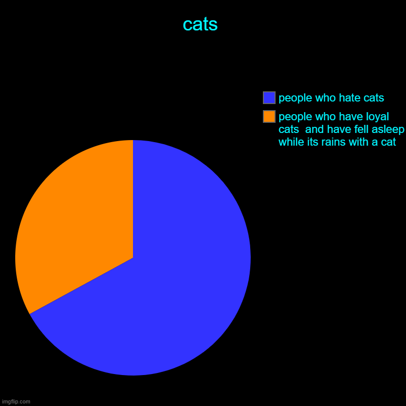 Cats | cats | people who have loyal cats  and have fell asleep while its rains with a cat, people who hate cats | image tagged in charts,pie charts | made w/ Imgflip chart maker