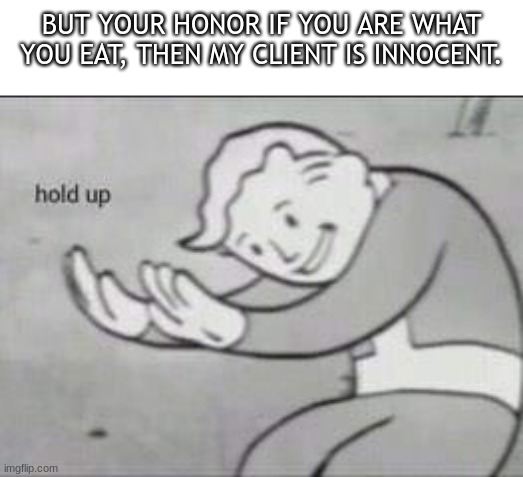 Fallout Hold Up | BUT YOUR HONOR IF YOU ARE WHAT YOU EAT, THEN MY CLIENT IS INNOCENT. | image tagged in fallout hold up,dark,funny | made w/ Imgflip meme maker