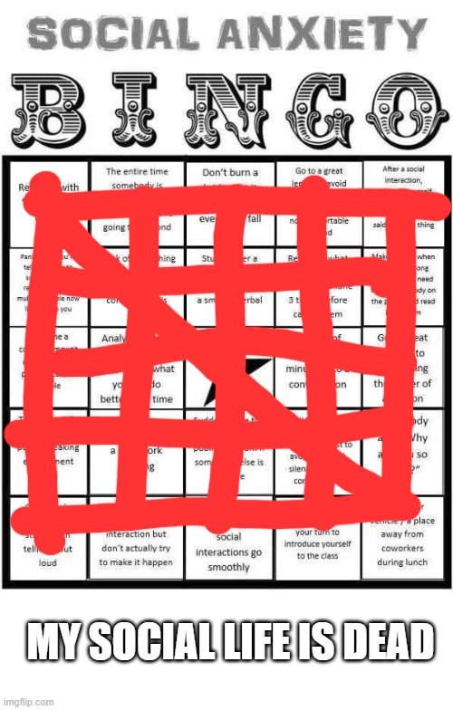 no undying totem can fix it | MY SOCIAL LIFE IS DEAD | image tagged in social anxiety bingo | made w/ Imgflip meme maker