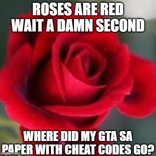 NEED MAH CODES | ROSES ARE RED
WAIT A DAMN SECOND; WHERE DID MY GTA SA PAPER WITH CHEAT CODES GO? | image tagged in roses are red,where is paper | made w/ Imgflip meme maker