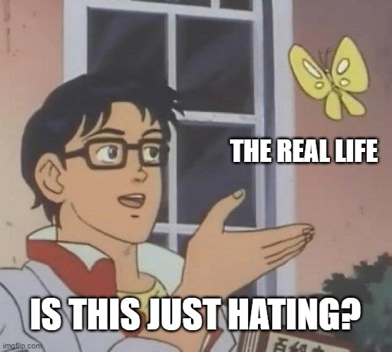 I hate about a life |  THE REAL LIFE; IS THIS JUST HATING? | image tagged in memes,is this a pigeon | made w/ Imgflip meme maker