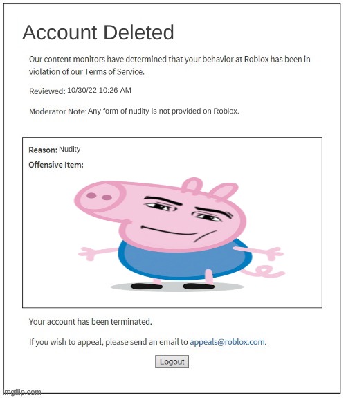 Roblox sucks d*ck | Account Deleted; 10/30/22 10:26 AM; Any form of nudity is not provided on Roblox. Nudity | image tagged in moderation system,peppa pig,roblox,banned from roblox,stupid | made w/ Imgflip meme maker