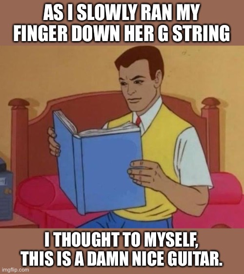 G-String | AS I SLOWLY RAN MY FINGER DOWN HER G STRING; I THOUGHT TO MYSELF, THIS IS A DAMN NICE GUITAR. | image tagged in man reading book | made w/ Imgflip meme maker