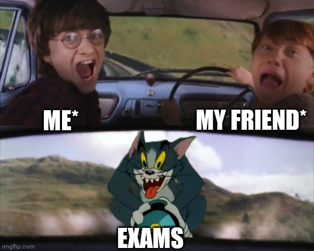 Memes By Amaan | MY FRIEND*; ME*; EXAMS | image tagged in tom chasing harry and ron weasly,memes,funny memes,dank memes,comedy | made w/ Imgflip meme maker