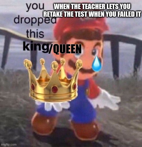 Mario you dropped this king | WHEN THE TEACHER LETS YOU RETAKE THE TEST WHEN YOU FAILED IT; /QUEEN | image tagged in mario you dropped this king,so true | made w/ Imgflip meme maker