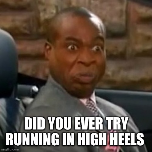 No running in my lobby | DID YOU EVER TRY RUNNING IN HIGH HEELS | image tagged in no running in my lobby | made w/ Imgflip meme maker