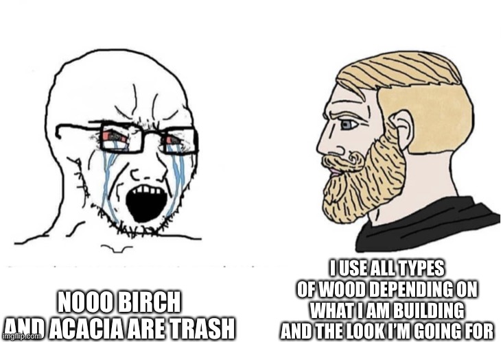 Soyboy Vs Yes Chad | NOOO BIRCH AND ACACIA ARE TRASH I USE ALL TYPES OF WOOD DEPENDING ON WHAT I AM BUILDING AND THE LOOK I’M GOING FOR | image tagged in soyboy vs yes chad | made w/ Imgflip meme maker