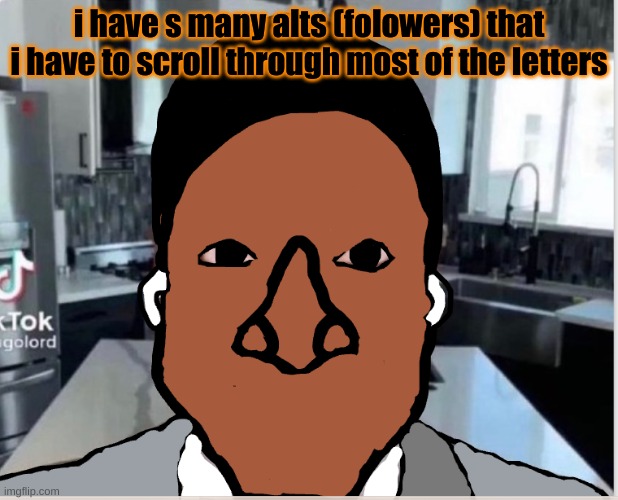 n | i have s many alts (folowers) that i have to scroll through most of the letters | image tagged in n | made w/ Imgflip meme maker