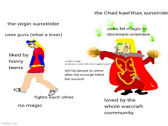The virgin sunstrider vs the Chad kael'thas sunstrider | image tagged in memes,funny,barney will eat all of your delectable biscuits,quandale dingle | made w/ Imgflip meme maker