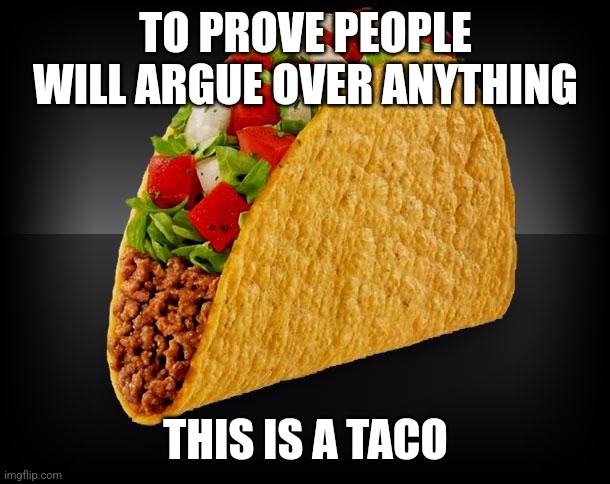 Taco | TO PROVE PEOPLE WILL ARGUE OVER ANYTHING; THIS IS A TACO | image tagged in taco | made w/ Imgflip meme maker