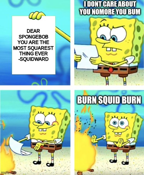 Spongebob Burning Paper | I DONT CARE ABOUT YOU NOMORE YOU BUM; DEAR SPONGEBOB YOU ARE THE MOST SQUAREST THING EVER
-SQUIDWARD; BURN SQUID BURN | image tagged in spongebob burning paper | made w/ Imgflip meme maker