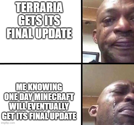 Sad | TERRARIA GETS ITS FINAL UPDATE; ME KNOWING ONE DAY MINECRAFT WILL EVENTUALLY GET ITS FINAL UPDATE | image tagged in crying man | made w/ Imgflip meme maker