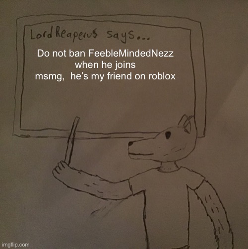 LordReaperus says | Do not ban FeebleMindedNezz when he joins msmg,  he’s my friend on roblox | image tagged in lordreaperus says | made w/ Imgflip meme maker