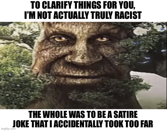 Saying this incase a snowflake tries to cancel me | TO CLARIFY THINGS FOR YOU, I’M NOT ACTUALLY TRULY RACIST; THE WHOLE WAS TO BE A SATIRE JOKE THAT I ACCIDENTALLY TOOK TOO FAR | image tagged in wise mystical tree | made w/ Imgflip meme maker