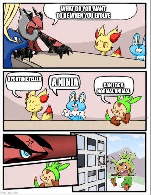 Pokemon board meeting |  WHAT DO YOU WANT TO BE WHEN YOU EVOLVE; A FORTUNE TELLER; A NINJA; CAN I BE A NORMAL ANIMAL | image tagged in pokemon board meeting | made w/ Imgflip meme maker