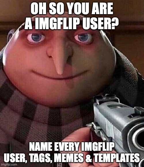 Gru pointing gun | OH SO YOU ARE A IMGFLIP USER? NAME EVERY IMGFLIP USER, TAGS, MEMES & TEMPLATES | image tagged in gru pointing gun | made w/ Imgflip meme maker