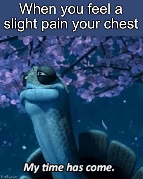 My Time Has Come | When you feel a slight pain your chest | image tagged in my time has come | made w/ Imgflip meme maker