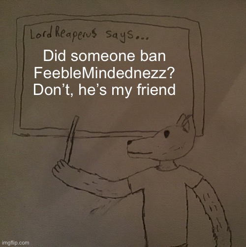 He’s new to imgflip and he’s not blue | Did someone ban FeebleMindednezz? Don’t, he’s my friend | image tagged in lordreaperus says | made w/ Imgflip meme maker