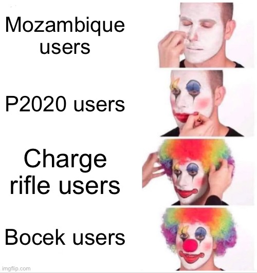 Clown Applying Makeup | Mozambique users; P2020 users; Charge rifle users; Bocek users | image tagged in memes,clown applying makeup | made w/ Imgflip meme maker