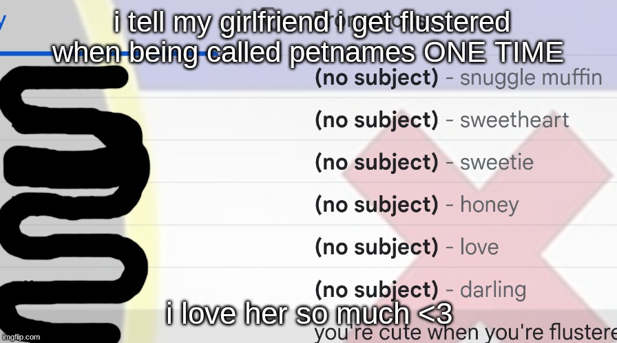 she so sweet ilhsm | i tell my girlfriend i get flustered when being called petnames ONE TIME; i love her so much <3 | image tagged in lesbians,love | made w/ Imgflip meme maker