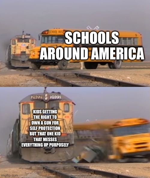 A train hitting a school bus | SCHOOLS AROUND AMERICA KIDS GETTING THE RIGHT TO OWN A GUN FOR SELF PROTECTION BUT THAT ONE KID THAT MESSES EVERYTHING UP PURPOSELY | image tagged in a train hitting a school bus | made w/ Imgflip meme maker