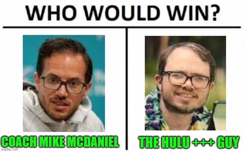 Mike McDaniel already has an endorsement deal with Hulu? | COACH MIKE MCDANIEL; THE HULU +++ GUY | image tagged in memes,who would win,miami dolphins,hulu,separated at birth,nfl | made w/ Imgflip meme maker