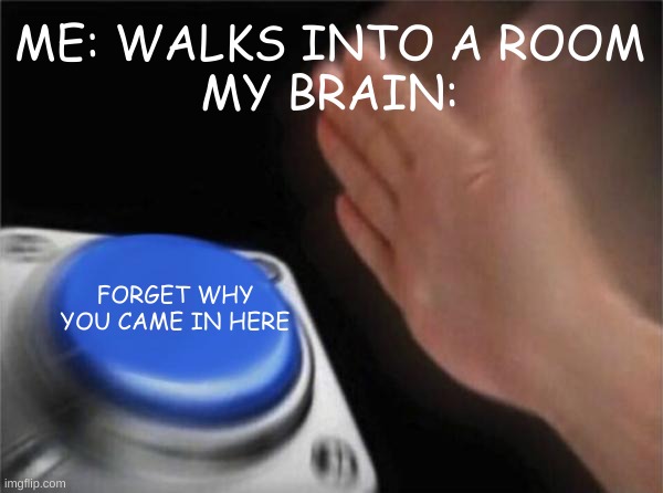 Happens every time | ME: WALKS INTO A ROOM
MY BRAIN:; FORGET WHY YOU CAME IN HERE | image tagged in blank nut button,memes | made w/ Imgflip meme maker